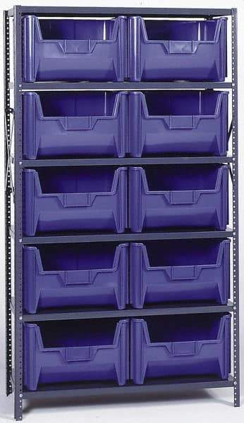 Quantum Storage - 18" Deep x 42" Wide x 75" High, Steel Open Hopper Storage Unit - 5/6 Shelves, 10 Blue Plastic Bins, 19-7/8" Bin Width x 12-7/16" Bin Height x 15-1/4" Bin Depth - USA Tool & Supply