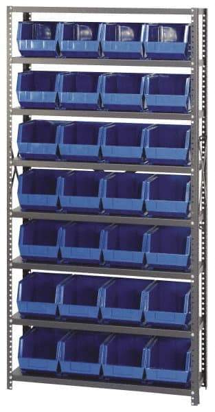 Quantum Storage - 12" Deep x 36" Wide x 75" High, Steel Open Hopper Storage Unit - 7/8 Shelves, 28 Yellow Plastic Bins, 8-1/4" Bin Width x 7" Bin Height x 11" Bin Depth - USA Tool & Supply