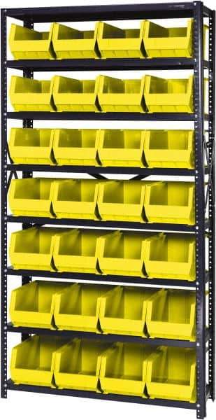 Quantum Storage - 12" Deep x 36" Wide x 75" High, Steel Open Hopper Storage Unit - 7/8 Shelves, 28 Yellow Plastic Bins, 8-1/4" Bin Width x 7" Bin Height x 14-3/4" Bin Depth - USA Tool & Supply