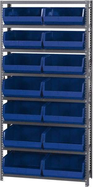 Quantum Storage - 12" Deep x 36" Wide x 75" High, Steel Open Hopper Storage Unit - 7/8 Shelves, 14 Blue Plastic Bins, 16-1/2" Bin Width x 7" Bin Height x 14-3/4" Bin Depth - USA Tool & Supply