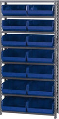 Quantum Storage - 12" Deep x 36" Wide x 75" High, Steel Open Hopper Storage Unit - 7/8 Shelves, 14 Blue Plastic Bins, 16-1/2" Bin Width x 7" Bin Height x 14-3/4" Bin Depth - USA Tool & Supply