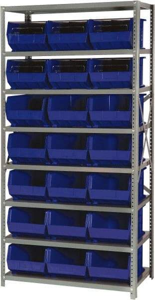 Quantum Storage - 12" Deep x 36" Wide x 75" High, Steel Open Hopper Storage Unit - 7/8 Shelves, 21 Yellow Plastic Bins, 11" Bin Width x 8" Bin Height x 16" Bin Depth - USA Tool & Supply
