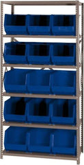 Quantum Storage - 18" Deep x 36" Wide x 75" High, Steel Open Hopper Storage Unit - 5/6 Shelves, 15 Blue Plastic Bins, 11" Bin Width x 10" Bin Height x 18" Bin Depth - USA Tool & Supply