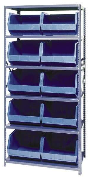 Quantum Storage - 18" Deep x 36" Wide x 75" High, Steel Open Hopper Storage Unit - 5/6 Shelves, 10 Blue Plastic Bins, 16-1/2" Bin Width x 11" Bin Height x 18" Bin Depth - USA Tool & Supply