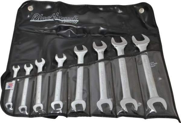 Blackhawk by Proto - 8 Piece, 6mm x 7mm to 20mm x 22mm, Open End Wrench Set - Metric Measurement Standard, Full Polish Finish, Comes in Vinyl Roll - USA Tool & Supply