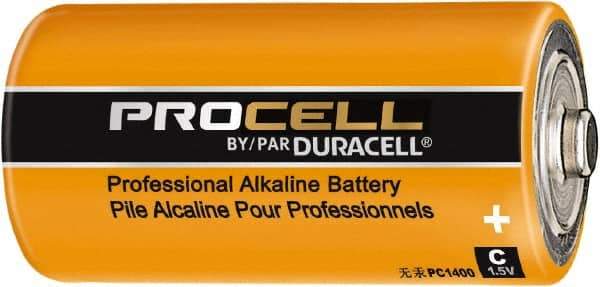 Duracell - Size C, Alkaline, 12 Pack, Standard Battery - 1.5 Volts, Flat Terminal, LR14, ANSI, IEC Regulated - USA Tool & Supply