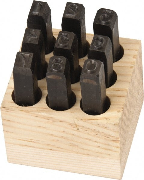 Made in USA - 9 Piece, 1/4" Character Steel Stamp Set - USA Tool & Supply