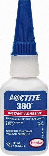 Loctite - 1 oz Bottle Black Instant Adhesive - Series 380, 90 sec Fixture Time, 24 hr Full Cure Time, Bonds to Metal, Plastic & Rubber - USA Tool & Supply