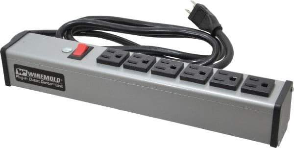 Wiremold - 6 Outlets, 120 Volts, 15 Amps, 6' Cord, Power Outlet Strip - Free Hanging Mount, 5-15 NEMA Configuration, 12-1/4" Strip, cULus Listed - USA Tool & Supply