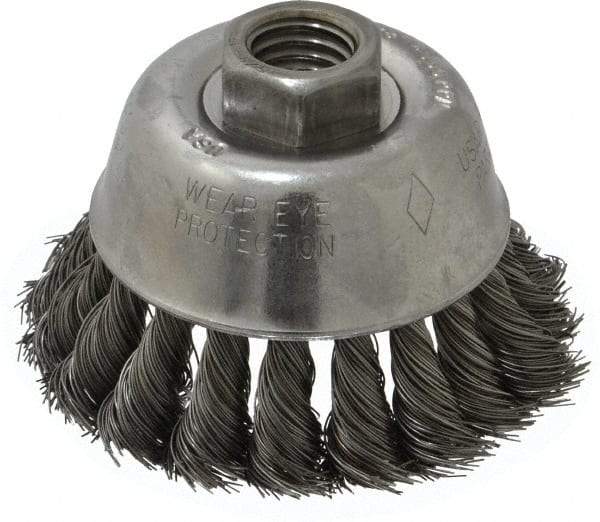 Osborn - 2-3/4" Diam, 5/8-11 Threaded Arbor, Steel Fill Cup Brush - 0.014 Wire Diam, 14,000 Max RPM - USA Tool & Supply