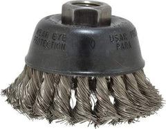 Osborn - 2-3/4" Diam, 5/8-11 Threaded Arbor, Stainless Steel Fill Cup Brush - 0.014 Wire Diam, 14,000 Max RPM - USA Tool & Supply