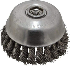 Osborn - 4" Diam, 5/8-11 Threaded Arbor, Steel Fill Cup Brush - 0.025 Wire Diam, 1-1/4" Trim Length, 6,000 Max RPM - USA Tool & Supply