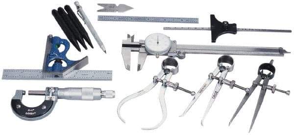 Value Collection - 12 Piece, Machinist Caliper and Micrometer Tool Kit - Includes 2 Piece Combination Square Set and Flexible Steel Rule - USA Tool & Supply