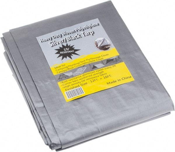 Value Collection - 16' Long x 12' Wide Polyethylene Tarp & Dust Cover - Black & Silver, Grommet, 11 to 12 mil Thickness - USA Tool & Supply