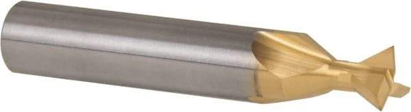 Made in USA - 3/8" Diam x 3/16" Width of Cut, 60° Included Angle, Carbide-Tipped Dovetail Cutter - 3/8" Shank Diam, 2-1/8" Overall Length, 0.0050-0.0100" Corner Radius, Weldon Flat, TiN Coated - USA Tool & Supply