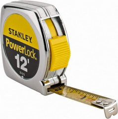 Stanley - 12' x 1/2" Yellow Blade Tape Measure - 1/32 & 1/16" Graduation, Inch Graduation Style, Silver Case - USA Tool & Supply