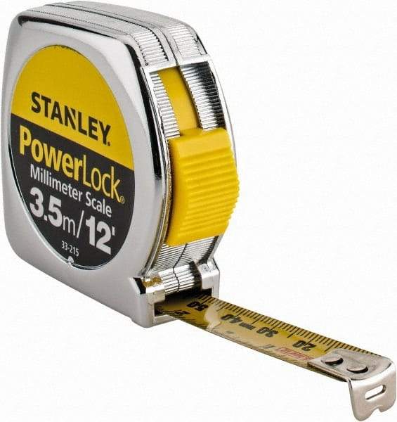 Stanley - 12' x 1/2" Yellow Blade Tape Measure - 1/32 & 1/16" Graduation, Inch/Metric Graduation Style, Silver Case - USA Tool & Supply