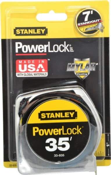 Stanley - 35' x 1" Yellow Blade Tape Measure - 1/16" Graduation, Inch Graduation Style, Silver Case - USA Tool & Supply