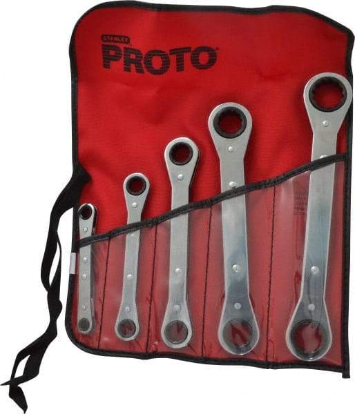 Proto - 5 Piece, 1/4 x 5/8 to 3/4 x 7/8", 12 Point, Ratcheting Box Wrench Set - Inch System of Measurement, Full Polish Finish, Comes in Nylon Roll - USA Tool & Supply