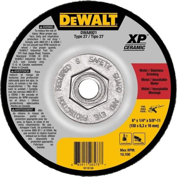 DeWALT - 24 Grit, 6" Wheel Diam, Type 27 Depressed Center Wheel - Coarse/Medium Grade, Ceramic, N Hardness, 10,100 Max RPM - USA Tool & Supply