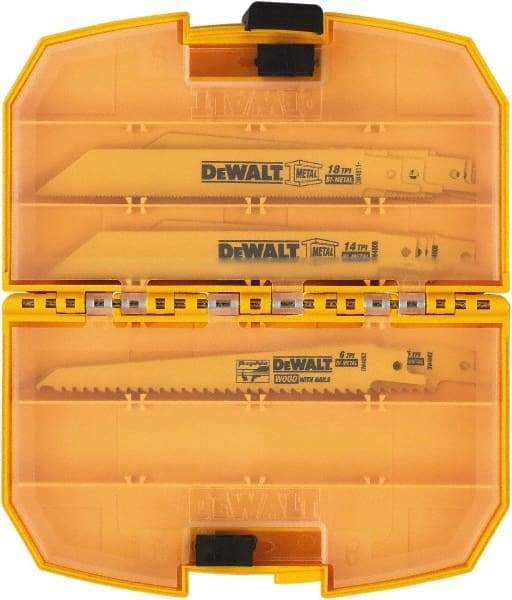 DeWALT - 15 Pieces, 6" Long x 0.04" Thickness, Bi-Metal Reciprocating Saw Blade Set - Straight Profile, 6 to 18 Teeth, Toothed Edge - USA Tool & Supply