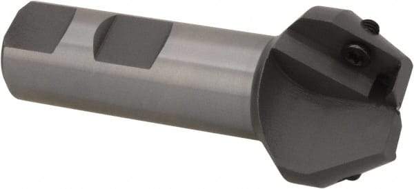 Everede Tool - 30° Lead Angle, 1.303" Max Cut Diam, 3/4" Min Cut Diam, 0.479" Max Depth of Cut, Indexable Chamfer and Angle End Mill - 2 Inserts, APLT 347 Insert Style, 3" Overall Length, Straight Shank, 60° Included Angle - USA Tool & Supply