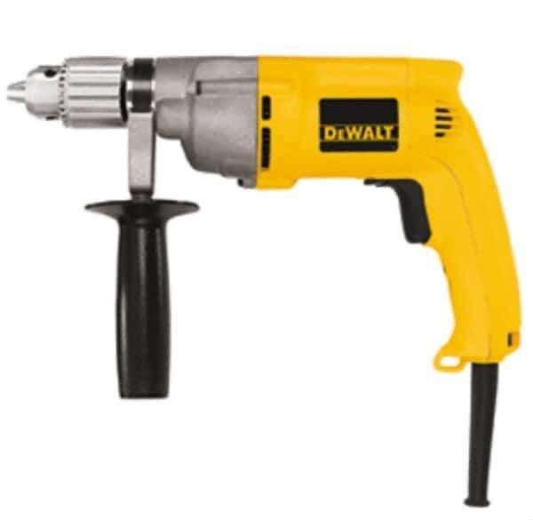 DeWALT - 1/2" Keyed Chuck, 0 to 600 RPM, Pistol Grip Handle Electric Drill - 7.8 Amps, 120 Volts, Reversible, Includes 360° Side Handle & Chuck Key with Holder - USA Tool & Supply