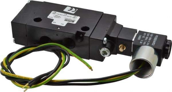 Parker - 1/4" Inlet x 1/4" Outlet, Single Solenoid Actuator, Air Return, 2 Position, Body Ported Solenoid Air Valve - 120 VAC Input, 88 CFM, 1.4 CV, 4 Way, 145 psi, 5-3/4" Long x 1.15" Wide x 3.97" High, 0 to 160°F - USA Tool & Supply