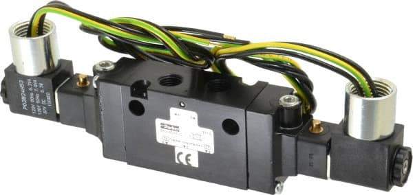 Parker - 1/4" Inlet x 1/4" Outlet, Double Solenoid Actuator, Solenoid Return, 2 Position, Body Ported Solenoid Air Valve - 120 VAC Input, 88 CFM, 1.4 CV, 4 Way, 145 psi, 7-3/10" Long x 1.15" Wide x 3.97" High, 0 to 160°F - USA Tool & Supply
