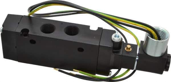 Parker - 3/8" Inlet x 3/8" Outlet, Single Solenoid Actuator, Air Return, 2 Position, Body Ported Solenoid Air Valve - 120 VAC Input, 88 CFM, 2.8 CV, 4 Way, 145 psi, 5-3/4" Long x 1.15" Wide x 3.97" High, 0 to 160°F - USA Tool & Supply