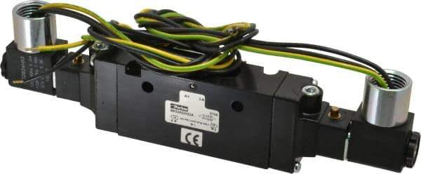 Parker - 3/8" Inlet x 3/8" Outlet, Double Solenoid Actuator, Solenoid Return, 2 Position, Body Ported Solenoid Air Valve - 120 VAC Input, 88 CFM, 2.8 CV, 4 Way, 145 psi, 7-3/10" Long x 1.15" Wide x 3.97" High, 0 to 160°F - USA Tool & Supply