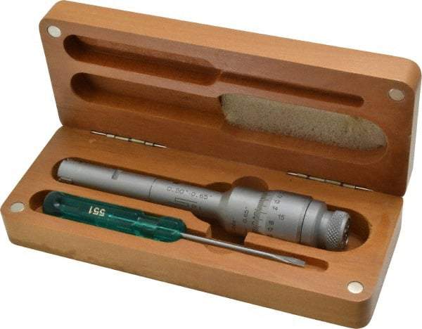 SPI - 0.5 to 0.65", 2.36" Gage Depth, Mechanical Inside Hole Micrometer - 0.0002" Graduation, 0.0002" Accuracy, Ratchet Stop Thimble - USA Tool & Supply