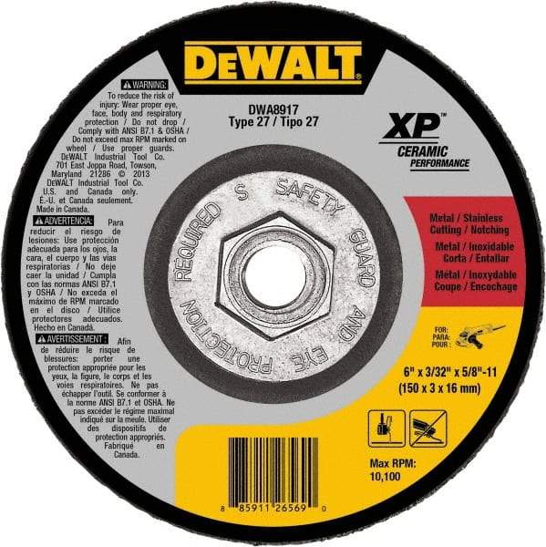 DeWALT - 24 Grit, 6" Wheel Diam, Type 27 Depressed Center Wheel - Coarse/Medium Grade, Ceramic, N Hardness, 10,100 Max RPM - USA Tool & Supply