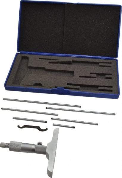 Value Collection - 0 to 6" Range, 6 Rod, Mechanical Depth Micrometer - Ball Thimble, 4" Base Length, 0.001" Graduation, 4.5mm Rod Diam - USA Tool & Supply