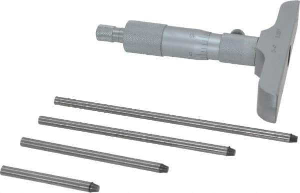 Value Collection - 0 to 4" Range, 4 Rod, Mechanical Depth Micrometer - Ball Thimble, 4" Base Length, 0.001" Graduation, 4.5mm Rod Diam - USA Tool & Supply