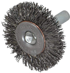 Made in USA - 1-1/2" OD, 1/4" Shank Diam, Crimped Steel Wheel Brush - 1/4" Face Width, 0.014" Filament Diam, 6,000 RPM - USA Tool & Supply