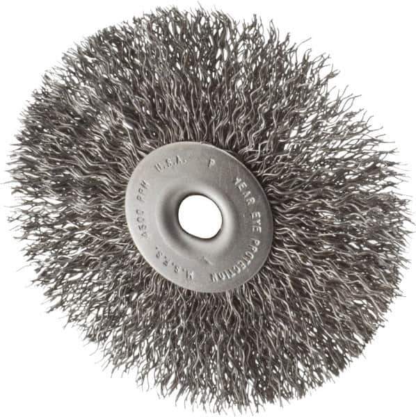 Made in USA - 3-1/2" OD, 1/4" Shank Diam, Crimped Steel Wheel Brush - 1/4" Face Width, 0.014" Filament Diam, 4,500 RPM - USA Tool & Supply