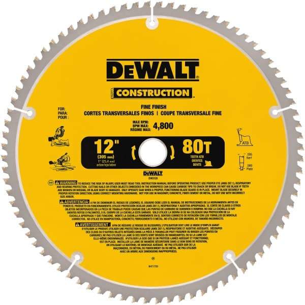 DeWALT - 12" Diam, 1" Arbor Hole Diam, 80 Tooth Wet & Dry Cut Saw Blade - Carbide-Tipped, General Purpose Action, Standard Round Arbor - USA Tool & Supply