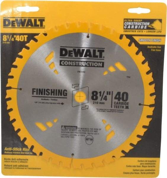 DeWALT - 8-1/4" Diam, 5/8" Arbor Hole Diam, 40 Tooth Wet & Dry Cut Saw Blade - Carbide-Tipped, General Purpose Action, Diamond Arbor - USA Tool & Supply