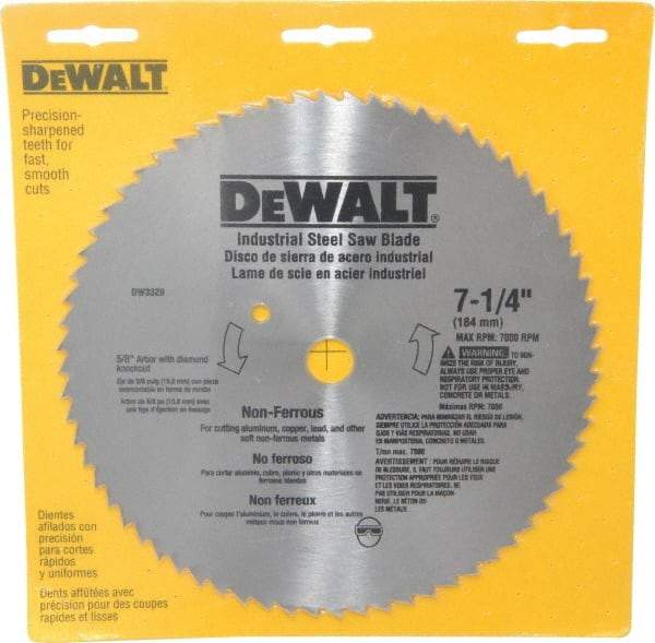 DeWALT - 7-1/4" Diam, 5/8" Arbor Hole Diam, 68 Tooth Wet & Dry Cut Saw Blade - Steel, Smooth Action, Standard Round Arbor - USA Tool & Supply