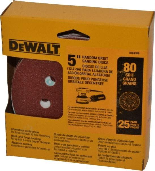 DeWALT - 5" Diam, 80 Grit, Aluminum Oxide Hook & Loop Disc - Medium Grade, Coated, Paper Backing, - USA Tool & Supply