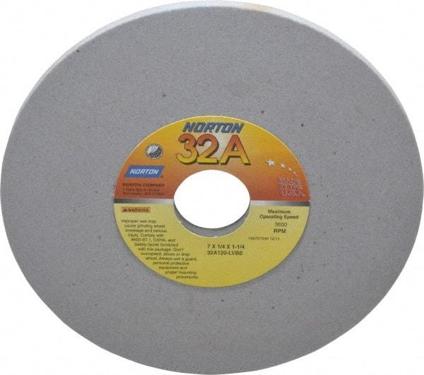 Norton - 7" Diam x 1-1/4" Hole x 1/4" Thick, L Hardness, 120 Grit Surface Grinding Wheel - Aluminum Oxide, Type 1, Fine Grade, 3,600 Max RPM, Vitrified Bond, No Recess - USA Tool & Supply
