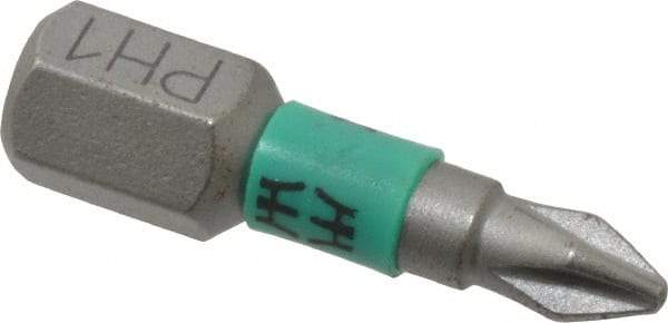 Wera - #1 Phillips Screwdriver Bit - 1/4" Hex Drive, 1" OAL - USA Tool & Supply