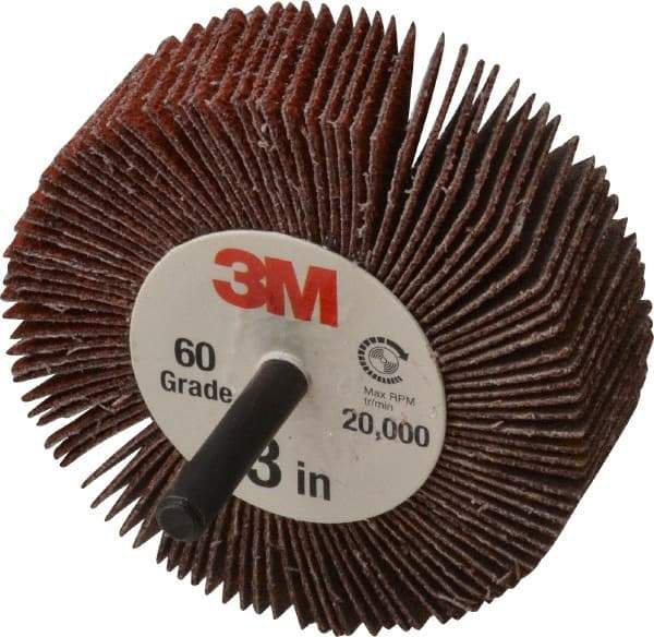 3M - 3" Diam x 1" Face Width, Medium Ceramic Alumina Coated Mounted Flap Wheel - 1/4" Shank Mount, 60 Grit, X Weighted Cloth Backing, 20,000 Max RPM - USA Tool & Supply