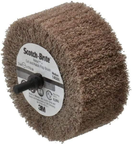 3M - 3" Diam x 1-3/8" Face Width, Medium Aluminum Oxide Nonwoven Mounted Flap Wheel - 1/4" Shank Mount, 8,000 Max RPM - USA Tool & Supply