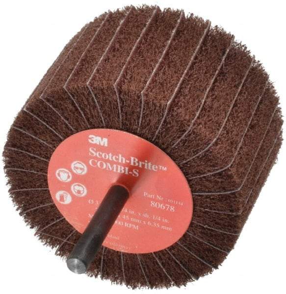 3M - 3" Diam x 1-3/4" Face Width, Fine Aluminum Oxide Coated Mounted Flap Wheel - 1/4" Shank Mount, 120 Grit, X Weighted Backing, 7,500 Max RPM - USA Tool & Supply