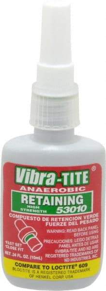 Vibra-Tite - 10 mL Bottle, Green, High Strength Liquid Retaining Compound - Series 530, 24 hr Full Cure Time, Hand Tool Removal - USA Tool & Supply