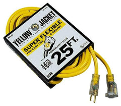 Southwire - 25', 12/3 Gauge/Conductors, Yellow Outdoor Extension Cord - 1 Receptacle, 15 Amps, 125 VAC, UL SJTW-A, NEMA 5-15P, 5-15R - USA Tool & Supply