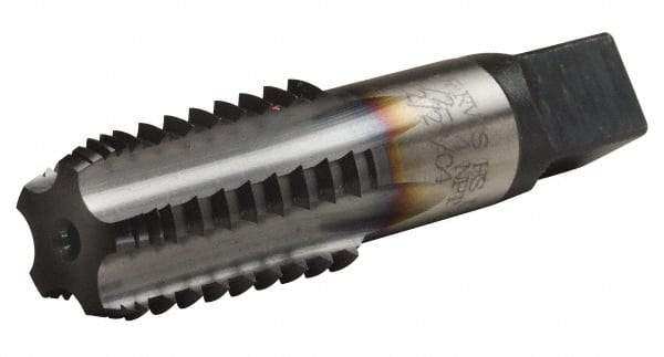 Hertel - 1/4-18 NPTF, 5 Flutes, TiCN Coated, High Speed Steel, Interrupted Thread Pipe Tap - 9/16 Inch Shank Diameter, 9/16 Inch Shank Diameter, 1-1/16 Inch Thread Length, 0.42 Inch Square Size, Regular Hook - USA Tool & Supply