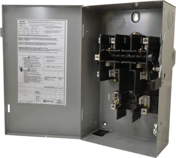 Eaton Cutler-Hammer - 60 Amp, 240 VAC, 2 Pole Fused Safety Switch - NEMA 1, 1 Phase, 3 to 10 hp at 240 VAC (Single Phase), 7-1/2 to 15 hp at 240 VAC (Triple Phase), DPST Contact Form - USA Tool & Supply